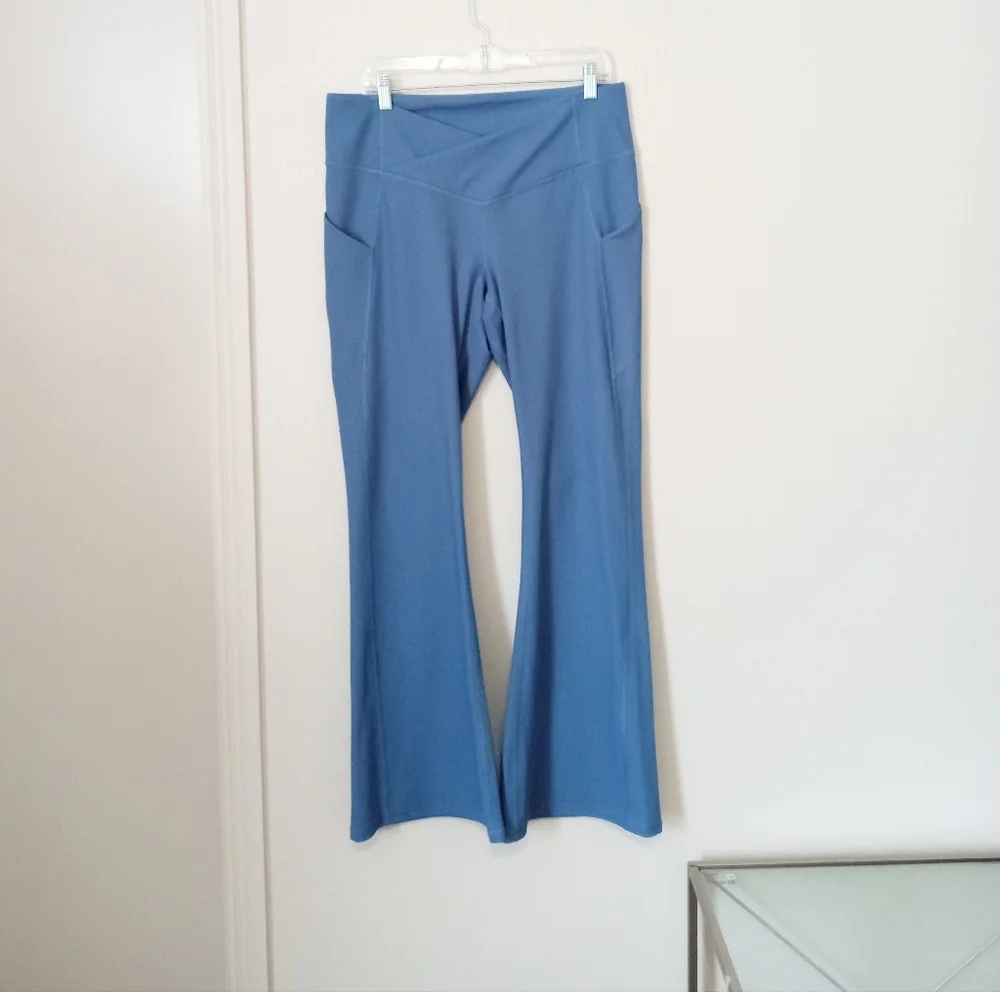 Fabletics Oasis Ribbed Crossover Flare High Waist Ultra Soft Pants Element Blue - Picture 2 of 10
